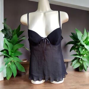 Vintage Donna L'oren Babydoll Bra Top 34C Black Pleated Chiffon Coquette flirty